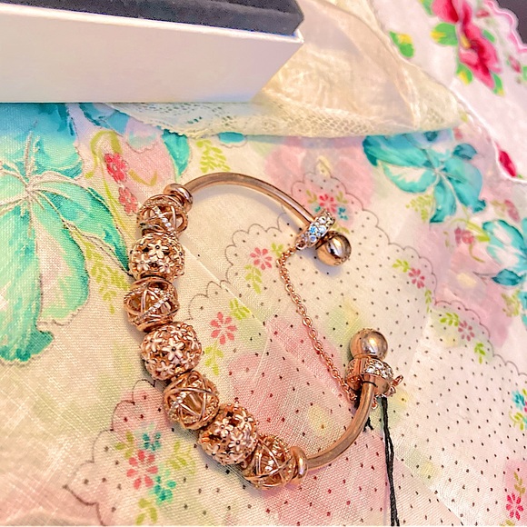 *AUTHENTIC PANDORA* 18krose gold over 925ss SIZE 3 Cuff bangle bracelet w/EXTRAS - Picture 1 of 15
